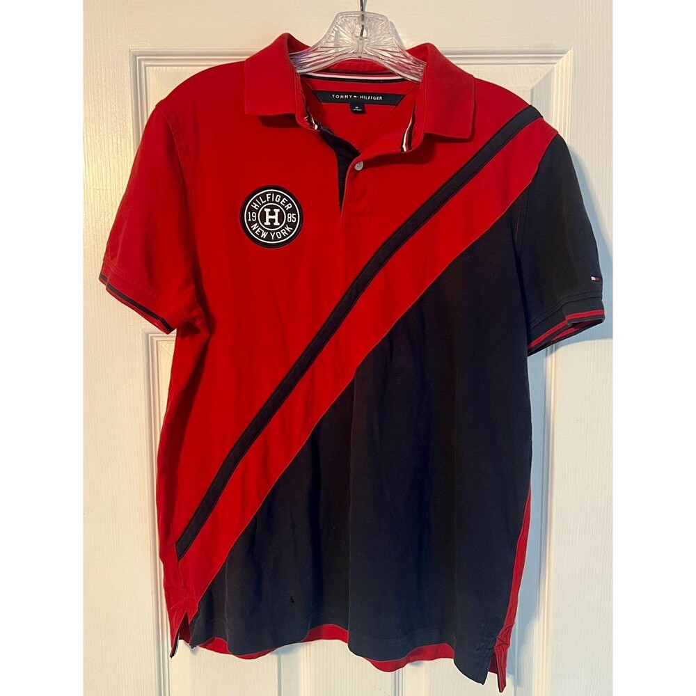 Vintage Tommy Hilfiger Crest Polo Shirt Mens M Color Block Red Blue Code 0153517